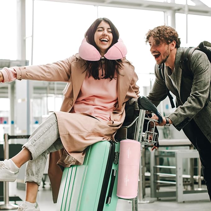Travel Pillow and Blanket Set Neck Pillow Airplane Memory Foam for Traveling Compact with Bag Pink