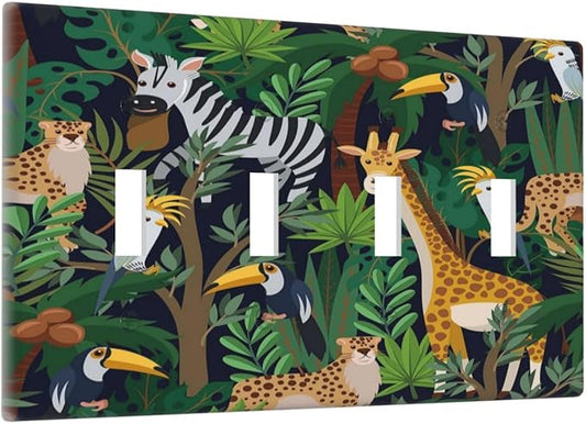 Cartoon Animal Zebra Leopard Giraffe Bird Leaf Quad Toggle Nursery Light Switch Covers Decorative 4 Gang Wall Plate Electrical Faceplate Switchplate for Kidroom Bedroom Bathroom Decor