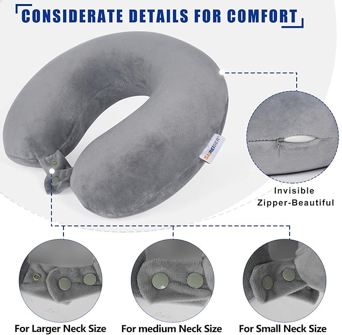 SAIREIDER Travel Pillows for Sleeping Airplane 100% Pure Memory Foam Neck Pillow for Airplanes Washable Cover with Storage Bag (Grey)