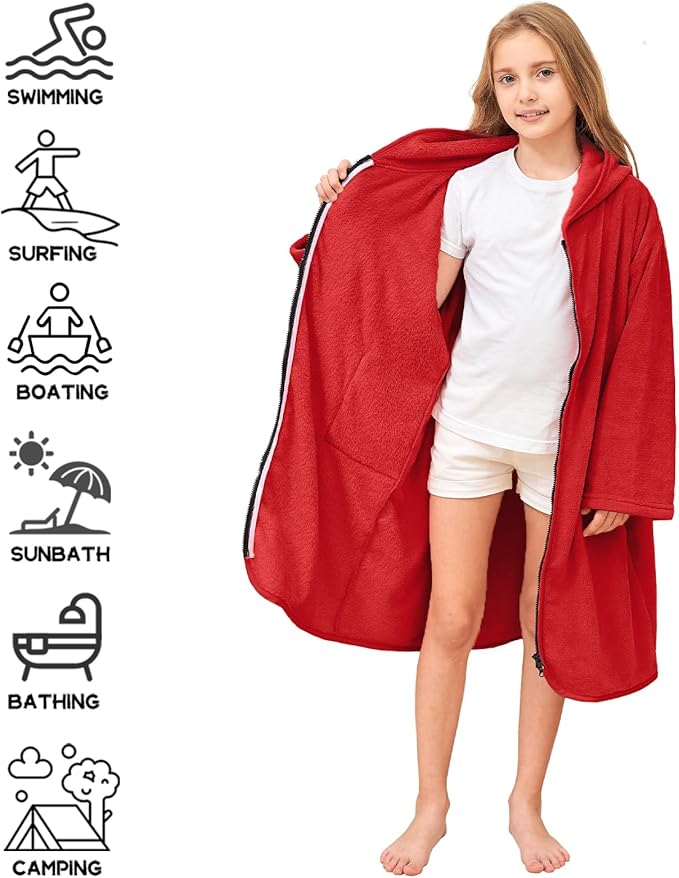 Hiturbo Kids Bath Towel Hoodie: Soft Plush Zipper Surf Poncho - Warm Fleece Changing Towels Swimming Outerwear (Red)