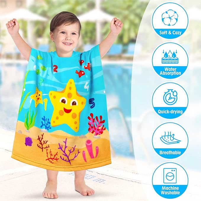 HUANLANG Kids Hooded Beach Towel for Boys Girls,Bath Pool Beach Poncho Towels Super Soft & Absorbent Cotton Towel Childrens Starfish Beach Towels for Toddler 0-7 Years Old