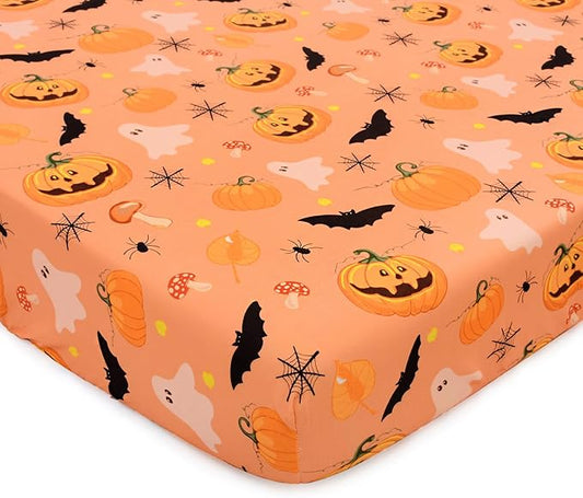 Halloween Crib Sheets, Fitted Crib Sheet with Bats, Ghosts, Pumpkin, Spider, and Mushrooms, Measuring 52'' x 28'' to fit Standard Crib & Toddler Mattresses, Orange
