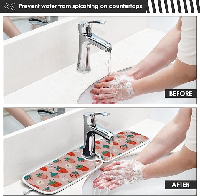 Kitchen Faucet Absorbent Mat,Strawberry Summer Berry Water Splash Guard for Sink, Faucet Drip Catcher Thicken Sponge Microfiber Faucet Water Catcher Mat Sink Absorbent Mat for Kitchen 30x5in 2 Pack