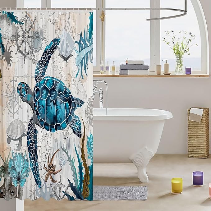 Feelyou Sea Turtle Shower Curtain Ocean Sailboat Compass Fabric Shower Curtain for Kids Boys Girls Nautical Theme Bathroom Waterproof Accessories with 12 Hooks Ocean Creature Curtains,72x84 Inches