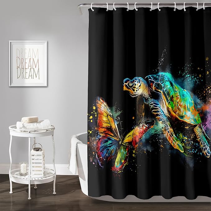 AILONEN Sea Turtle Shower Curtain, Tie Dye Turtle and Butterfly Bathroom Curtain,Minimalist Black Bath Curtain 72" W*78" H Polyester Waterproof Bathroom Curtain with 12 Hooks
