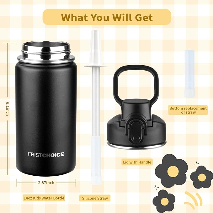 Kids Insulated Water Bottle with Straw,14oz Stainless Steel Water Bottle,BPA-free and Leak-proof,Double Wall Vacuum Water Flask for School,Gifts for Boys and Girls(14oz,Black)