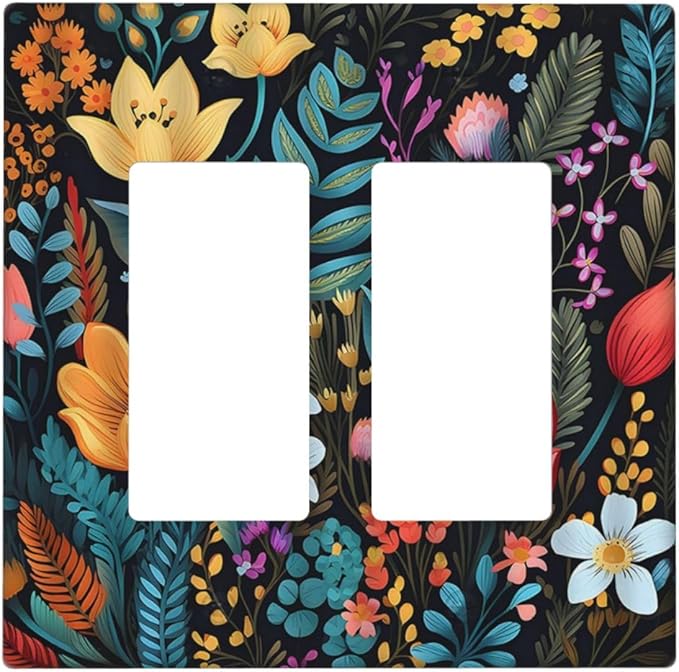 Boho Floral Vintage Flower Leaves Rustic Wildflower Plants 2 Gang Rocker Decora Light Switch Covers Dual Outlet Covers Wall Plate Decorative Switchplate Electrical Faceplate GFCI for Country Bedroom