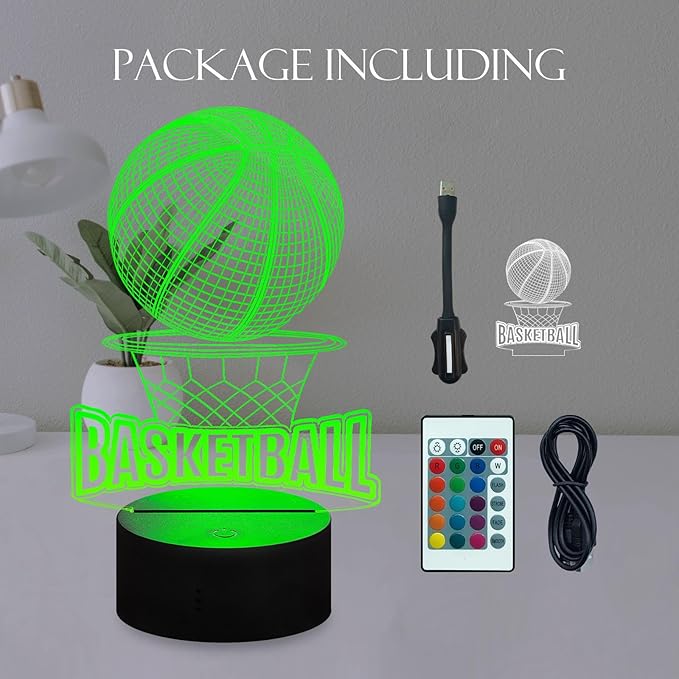Basketball Frame Glowing RGB Acrylic Lamp with Stand LED Night Light Illusion 16 Color Change Touch Remote Control USB Charge for Bar Bedroom Boy Teens Fans Decoration