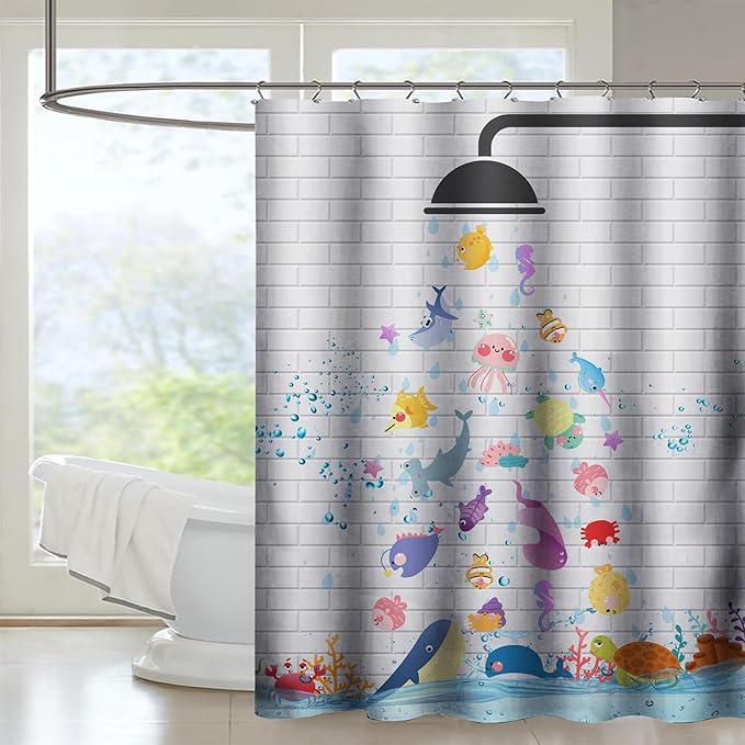 AILONEN Cute Fish Shower Curtain for Kids 72" W*72" H Inch,Raining Marine Animal Playing Water Shower Curtains,12 Pack Hooks Polyester Waterproof Fabric Decor for Bathroom Bathtub Panels