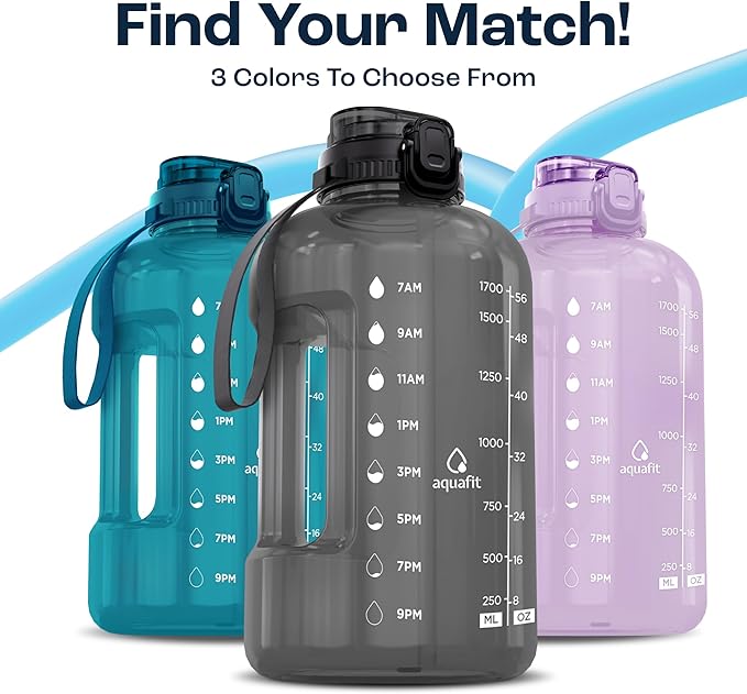 AQUAFIT 64 oz Water Bottle with Time Marker - BPA Free Half Gallon Water Bottle with Straw - Gym Water Bottle with Handle, Gallon Water Jug, Big Water Bottle, Large Water Bottle (Aqua, 2in1 Lid)