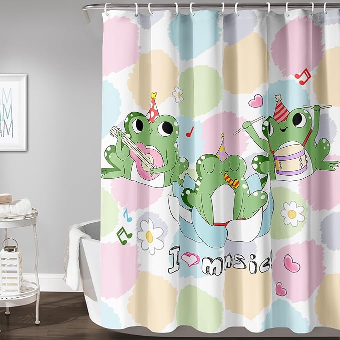 AILONEN Frog Shower Curtain, Cute Frog Bathroom Curtain,Music Frog Green Cartoon Kids Shower Curtain 48" W*72" H Polyester Waterproof Frog Bathroom Curtain with 12 Hooks