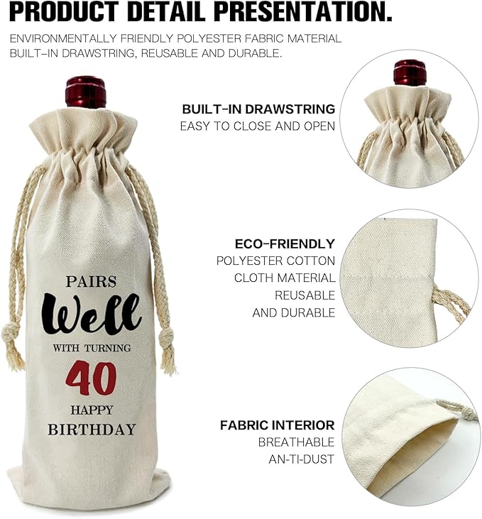 ZHANTUONE,40st Birthday Gift,Drawstring Polyester Cotton Cloth Wine Bag,Funny Birthday Wine Bag,40 Years Old Birthday Party Decoration Wine Bag Gifts,Birthday Party Decorations Ideas Wine Bag
