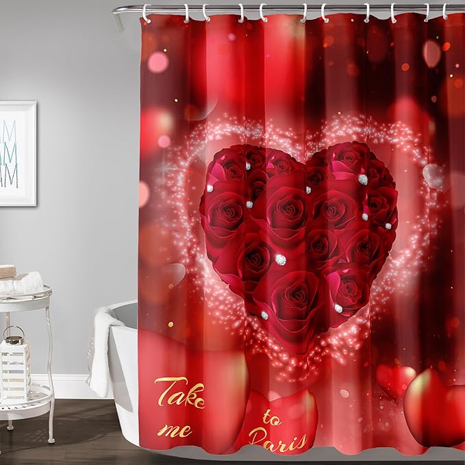 AILONEN Red Rose Hearts Printed Shower Curtain,Romantic Rose Lover Couple Bath Curtain,Fantasy Love Hearts Red Curtain for Bathroom Decor 72" W x 78" H,Waterproof