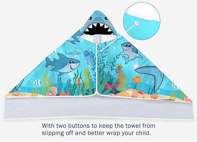 Shark Hooded Beach Towel for Kids, Cool Ocean Fishes Bath Towel with Hood for Boys, Funny Sea Animals Microfiber Super Absorbent Soft Poncho Bathrobe for Swin Pool 30”x50”