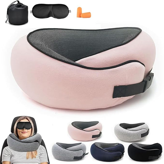 2024 Memory Foam Neck Pillow 360 Degree Neck Support Travel Pillows for Airplanes and Long Flight Travel Neck Pillow (Pink-with Strap)