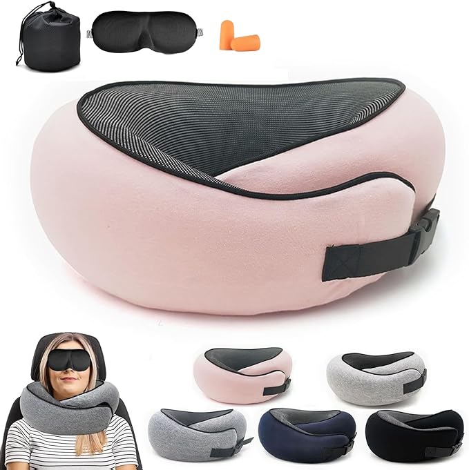 2024 Memory Foam Neck Pillow 360 Degree Neck Support Travel Pillows for Airplanes and Long Flight Travel Neck Pillow (Pink-with Strap)