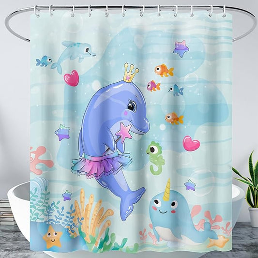 AILONEN Cute Dolphin Shower Curtain for Bathroom, Dolphin Fish Ocean Bath Curtain,Modern Minimalist Blue Waterproof Fabric Shower Curtain Set with Hooks 72" W*78" H