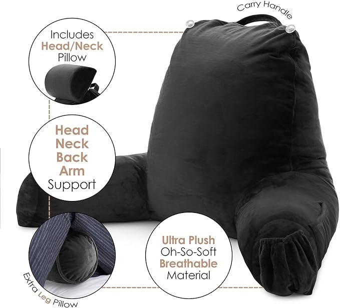 Nestl Reading Pillow Large Bed Pillow, Back Pillow for Sitting in Bed Shredded Memory Foam Chair Pillow, Reading & Bed Rest Pillows Black Back Pillow for Bed, Bed Chair Arm Pillow with Pockets