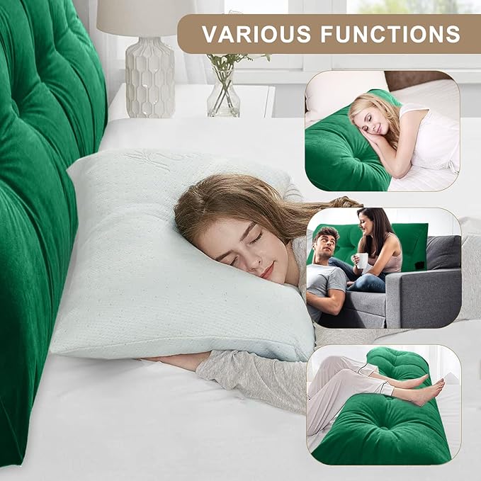 Large Triangular Headboard Pillows Long Backrest Positioning Support Bolster Cushion for Daybed Fluffy Quality Plush Body Wedge Pillow with Removable Cover(Dark green-24x8x20in)
