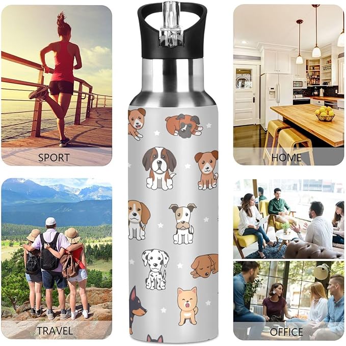 cute dog Stainless Steel Water Bottle with Straw Lid - 20 Oz Sports Insulated Water Bottle Thermos for Sport Gym Outdoor Travel School (DZ004)