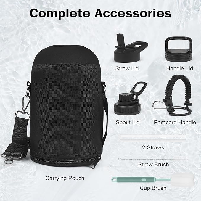 Insulated Water Bottle 64 oz with Straw Lid (3 Lids), Half Gallon Jug Flask, Large Metal Stainless Steel Bottle, 64 oz Double Wall Vacuum Sports Thermo Mug, Cold 48H Hot 24H (Black)