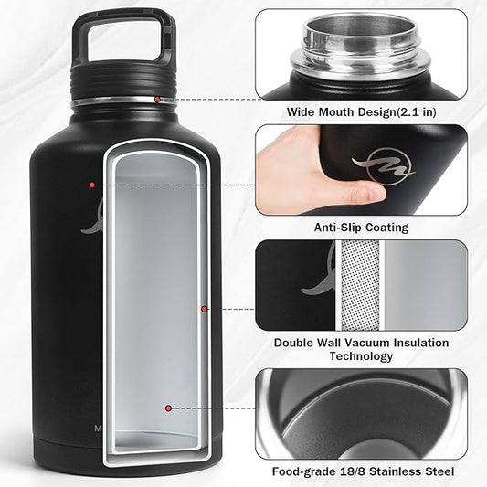 Insulated Water Bottle 64 oz with Straw Lid (3 Lids), Half Gallon Jug Flask, Large Metal Stainless Steel Bottle, 64 oz Double Wall Vacuum Sports Thermo Mug, Cold 48H Hot 24H (Black)
