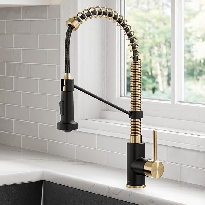 KRAUS Bolden Commercial Style Pull-Down Single Handle 18-Inch Kitchen Faucet in Brushed Brass/Matte Black, KPF-1610BBMB