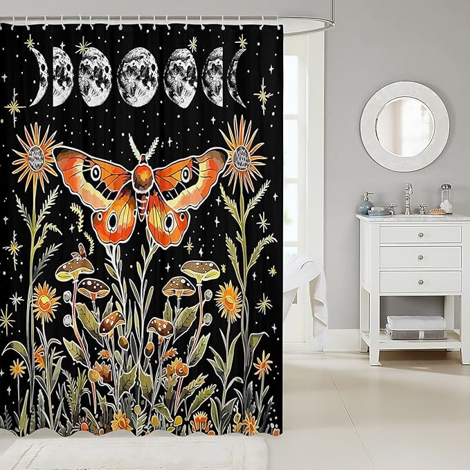 Feelyou Death Moth Shower Curtain Hippy Mushroom Fabric Shower Curtain for Kids Boys Girls Colour Bathroom Waterproof Accessories with 12 Hooks Bohemian Style Curtains,72x84 Inches