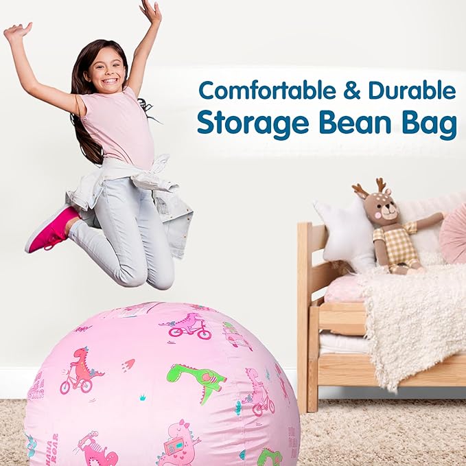 Lukeight Stuffed Animal Storage Bean Bag Chair Cover for Kids, Dinosaur Zipper Beanbag Chair Cover for Organizing Toddler and Kids' Rooms Plush Toys (Dino Pink, X-Large)