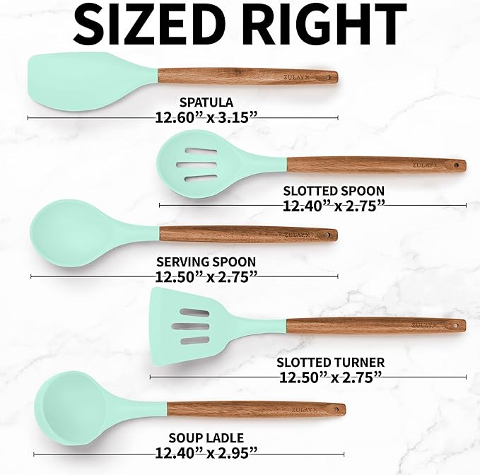 Zulay Non-Stick Silicone Cooking Utensils Set with Authentic Acacia Wood Handles - 5 Piece Silicone Kitchen Utensils Set (Aqua)