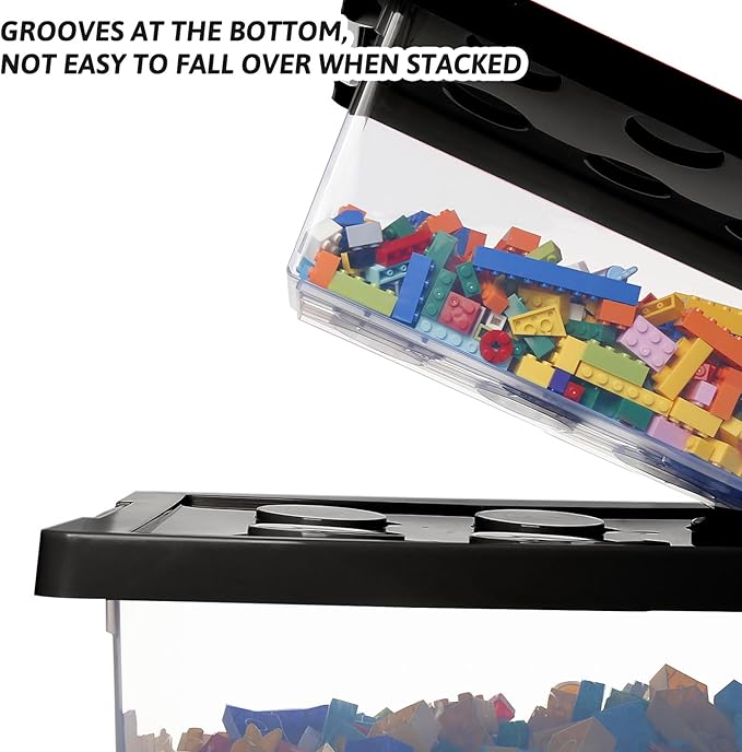 loobuu Plastic Storage Bins with Lids - Stackable Toy Storage Organizer Box Set of 2, Kids Toy Chests with Compatible Building Baseplate and Lid, Storage Container for Building Bricks & Toys- Black