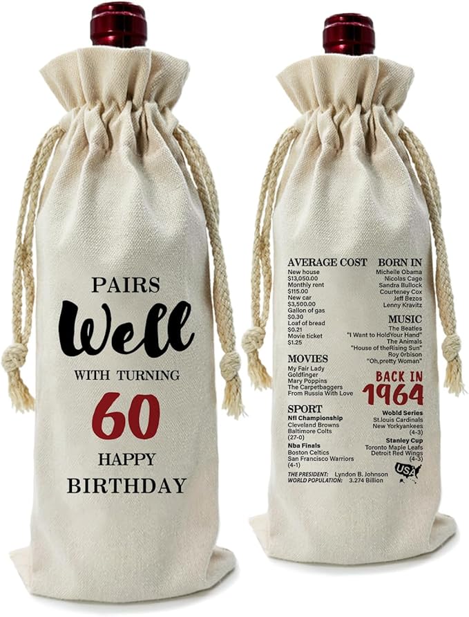 ZHANTUONE,60st Birthday Gift,Drawstring Polyester Cotton Cloth Wine Bag,Funny Birthday Wine Bag,60 Years Old Birthday Party Decoration Wine Bag Gifts,Birthday Party Decorations Ideas Wine Bag