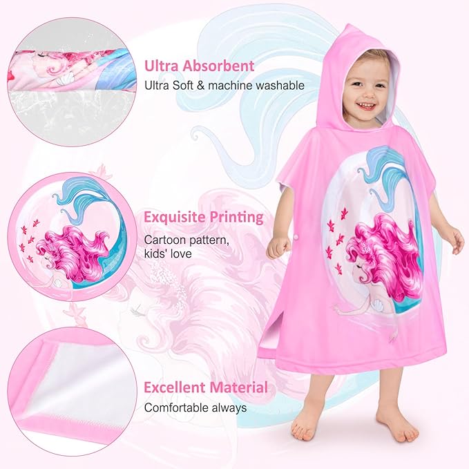 HUANLANG Kids Hooded Beach Towel for Boys Girls,Bath Pool Beach Poncho Towels Super Soft & Absorbent Cotton Towel Childrens Mermaid Beach Towels for Toddler 0-7 Years Old