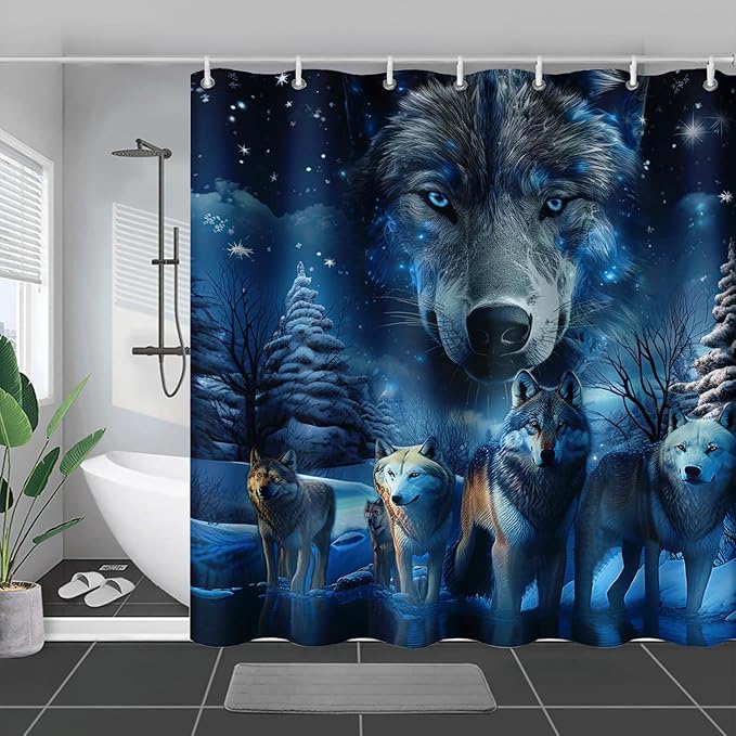 AILONEN 3D Howling Wolf Shower Curtain for Bathroo,Night Galaxy Starry Wolf Safari Animal Print Boys Teen Decor Bath Curtain 36" W*72" H Polyester Fabric Waterproof Bathroom Curtain with 12 Hooks