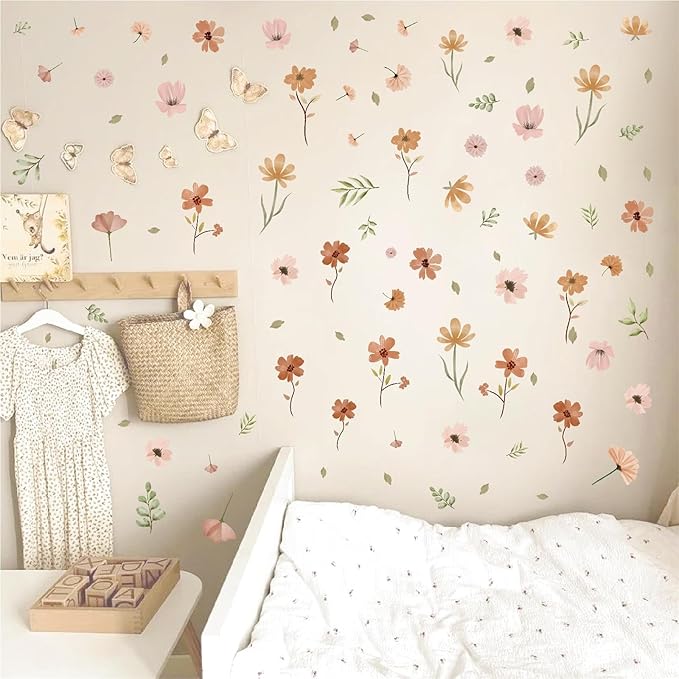 Small Flowers Wall Sticker Boho Floral Leaf Wall Decal Watercolor Botanical Leaves Wall Decals Plants Flowers Wall Stickers Removable Retro Floral Wall Decals for Nursery Bedroom Decor