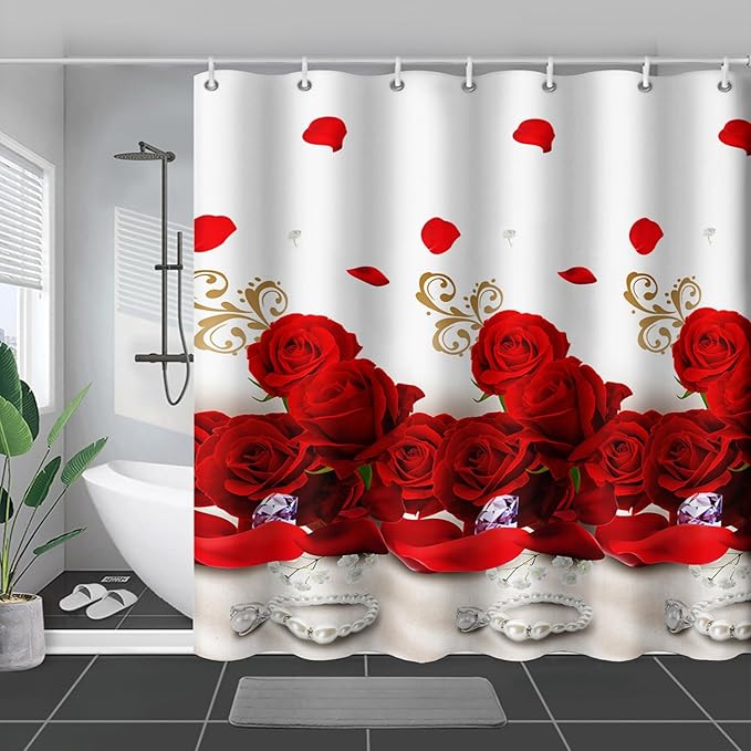 AILONEN Rose Flower Shower Curtain for Bathroom,Red Rose Bathroom Curtain for Girls Women,Romantic Flower Bath Curtain 72" W*72" H Polyester Waterproof Bathroom Curtain with 12 Hooks