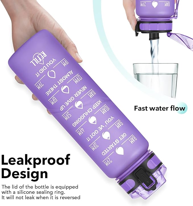 32oz Motivational Water Bottle with Time Marker & Fruit Strainer, Leak-proof BPA Free Non-Toxic Bottle with Carrying Strap, Perfect for Fitness, Gym and Outdoor Sports