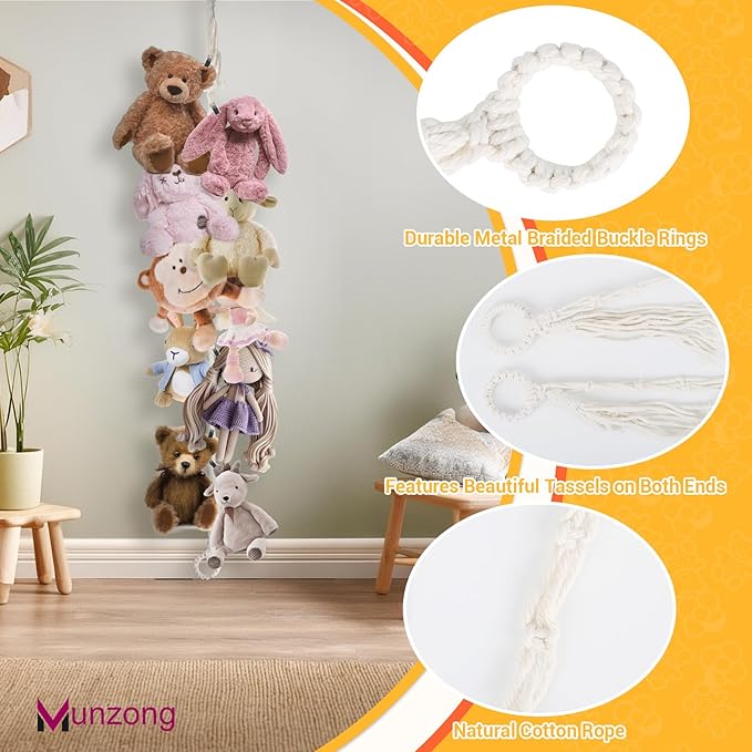 Stuffed Animal Storage Chain 80 Inch, Munzong 4pcs Beige Hanging Stuff Animals organizer, Cotton Toy Display Chain with 80 Clips, Toys Organizers Holder for Toddler Kids Nursery Room Wall Corner Decor