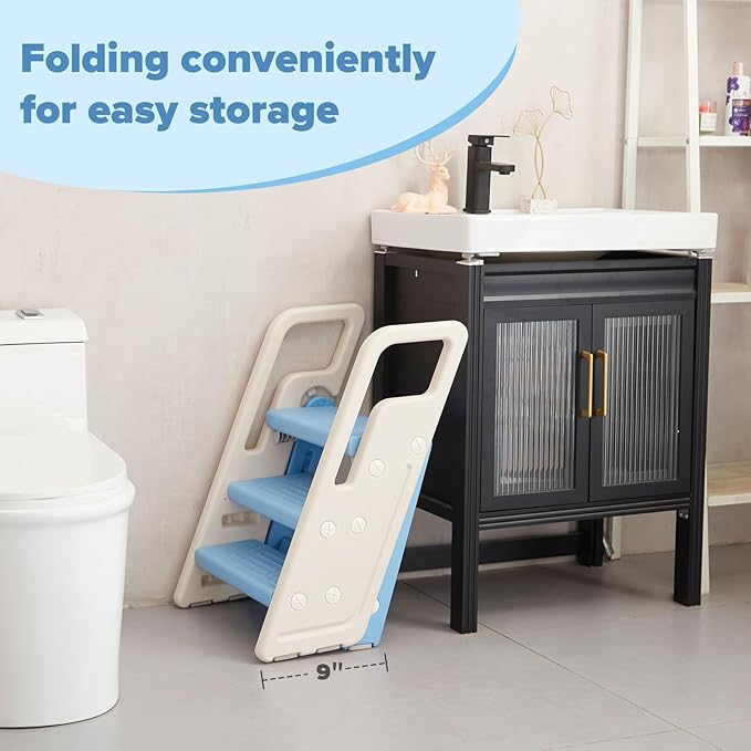 Folding Toddler Step Stool for Bathroom Sink,Adjustable 3 to 2 Step Stools for Toilet Potty Training,Sturdy Kids Step Stool for Kitchen Counter with Handle,Blue
