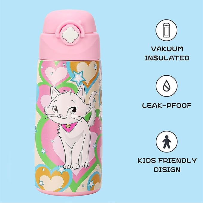 Kids Insulated Water Bottle with Covered Pop-Up Straw,16oz Kids Cups with Stainless Steel Leak Proof for School Boys Girls(3-Cat)