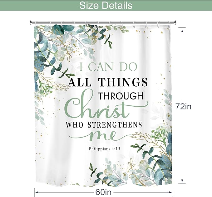 MESHELLY Green Christian Shower Curtain 60Wx72H Inspirational Shower Curtain Rustic Eucalyptus Bible Verses Quotes Bathroom Curtain for Women Scriptures Leaves Bathroom Decor Fabric with 12 Hooks