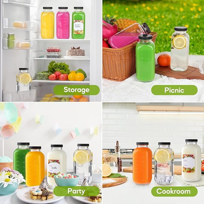 4Pack Juicing Bottles Reusable Glass 32oz,Reusable Square Glass Juice Bottles with Lids,Clear Empty Glass for Beverages, Jams, Kombucha, Milkshakes,Oils(32fl.oz,Set of 4)