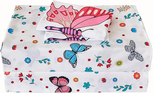RYNGHIPY Girls Bed Sheets Full: Butterfly Sheets Set for Girls Kids Bedsheets Deep Pocket 100% Microfiber Print Sheet Pillowcase Sets (Multicolor,Full)