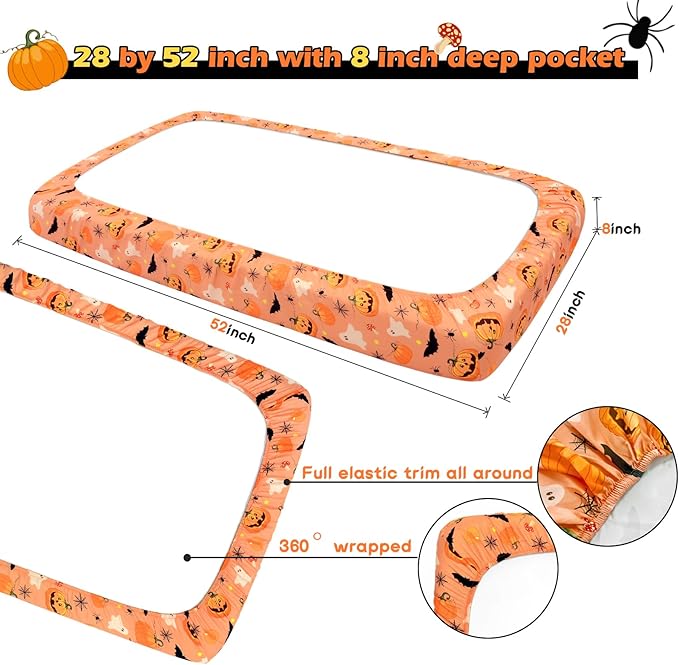 Halloween Crib Sheets, Fitted Crib Sheet with Bats, Ghosts, Pumpkin, Spider, and Mushrooms, Measuring 52'' x 28'' to fit Standard Crib & Toddler Mattresses, Orange