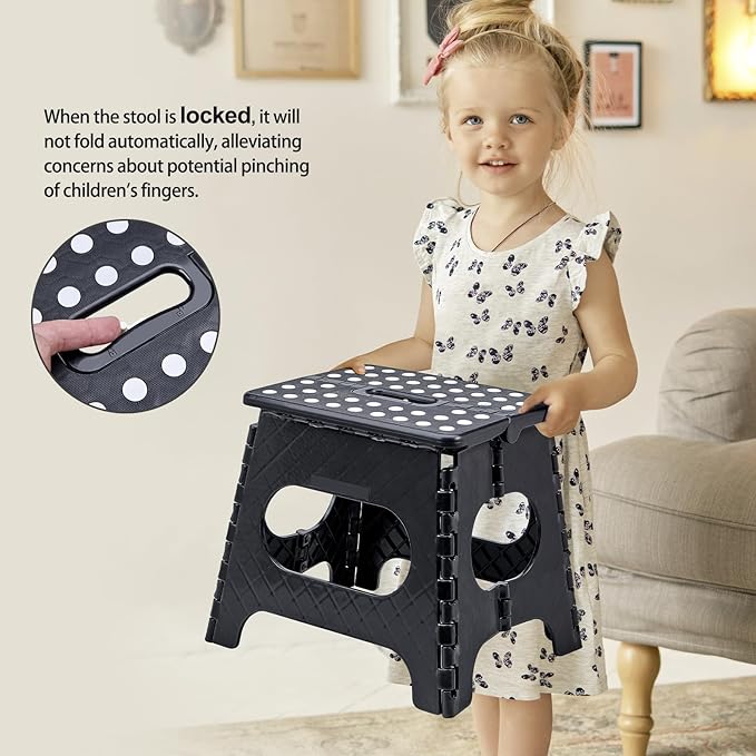Folding Step Stool with Safety Lock, 11 Inch Pastic Foldable Stool for Adults & Kids, Portable Stepping Stool for Bathroom, Kitchen, with Anti-Skid Dots, Hold Up to 250lbs (Black, 11 Inch)