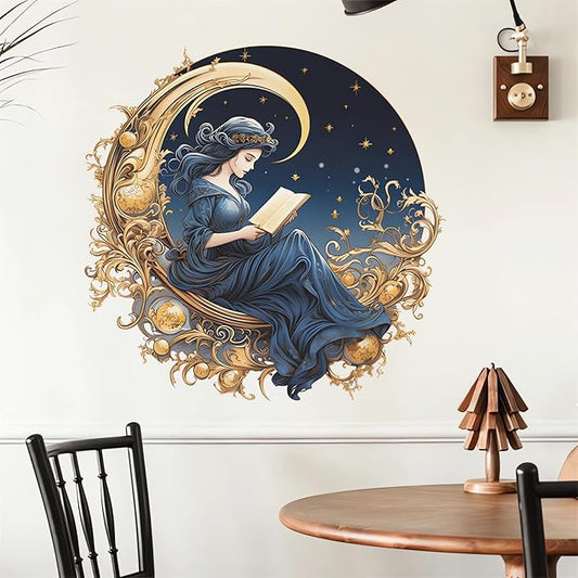 Gorgeous Moon Star Blue Girl Wall Stickers, sacinora Reading Book Middle Eastern Style Art Wall Decals Removable Vinyl Peel and Stick for Kids Baby Nursery Study Room Living Room Bedroom Decorations