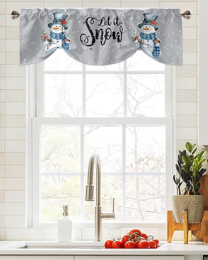 Snowman Christmas Blackout Tie Up Valance Curtains for Kitchen Windows Let It Snow Winter Holiday Window Toppers Balloon Shades for Living Room/Bathroom/Bedroom,1 Panel, 42" X 12", Grey White