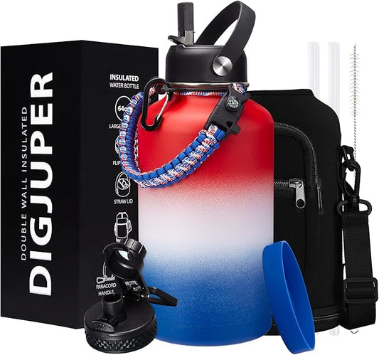 Half-Gallon Vacuum Water-Bottle with Sleeve, Paracord Handle, Straw & Spout Lid, 64oz Stainless Steel Insulated Water Jug, Cold-48h & Hot-24h Triple-Wall Metal Vacuum Flasks for Sports Hiking Camping