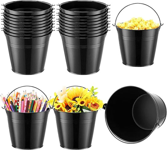 Rtteri 24 Pcs Metal Bucket, Small Metal Bucket, Party Favor Buckets with Handle, 6 x 5 Inch Ice Bucket for Kids, Flower Pot Plant Basket, Mini Toy Containers for Crafts Candy (Black)