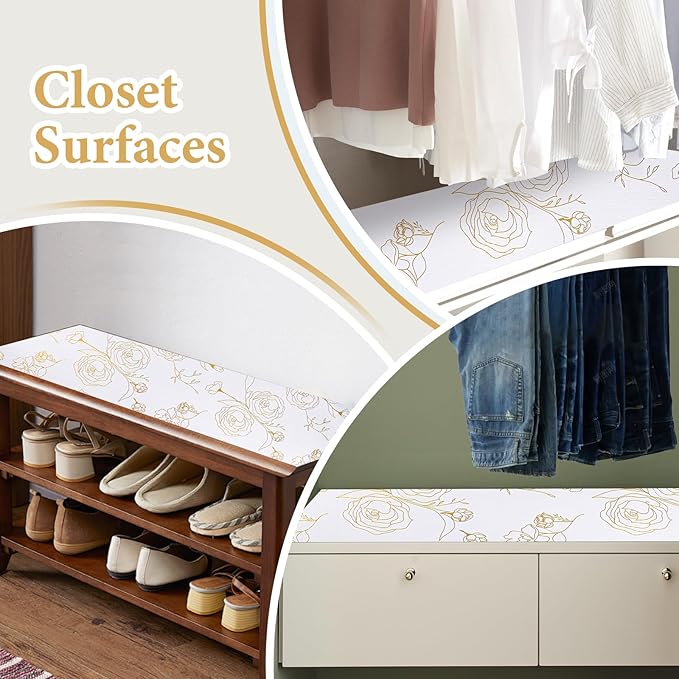 Shelf Liners for Kitchen Cabinets Non Adhesive Drawer Liner 23.6in x 30FT Gold Floral Thickened Shelf Liner Paper Strong Non-Slip Easy to Clean for Tool Box Refrigerator